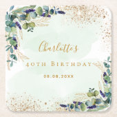 Birthday eucalyptus greenery glitter monogram kartonnen onderzetters (Voorkant)