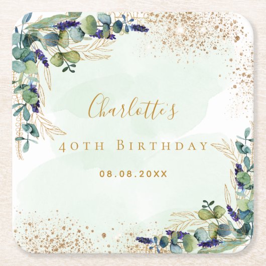 Birthday eucalyptus greenery glitter monogram kartonnen onderzetters (Voorkant)