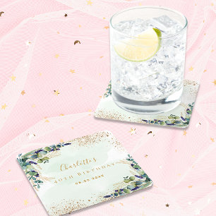 Birthday eucalyptus greenery glitter monogram kartonnen onderzetters