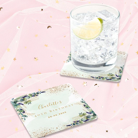 Birthday eucalyptus greenery glitter monogram kartonnen onderzetters