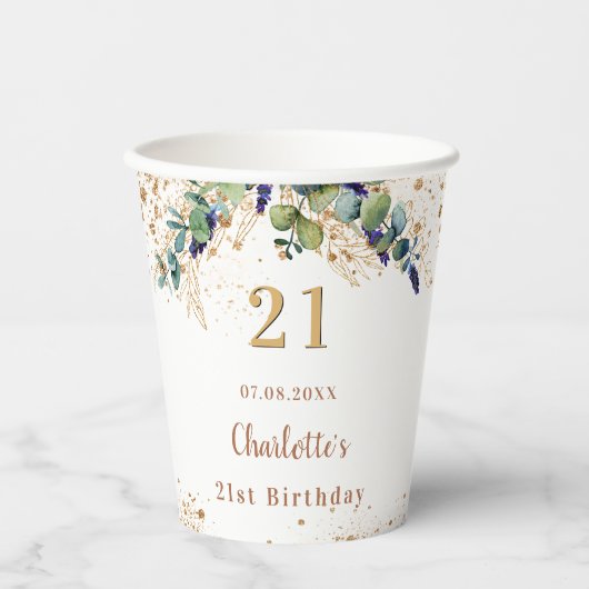 Birthday eucalyptus greenery glitter monogram papieren bekers (Voorkant)