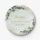 Birthday eucalyptus greenery glitter monogram papieren bordje (Voorkant)
