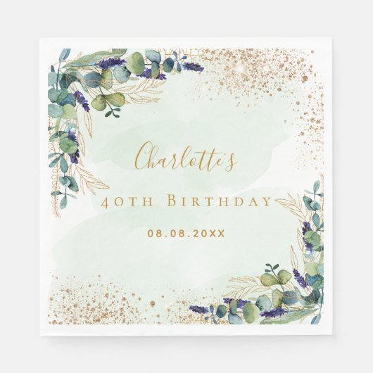 Birthday eucalyptus greenery glitter monogram servet (Voorkant)