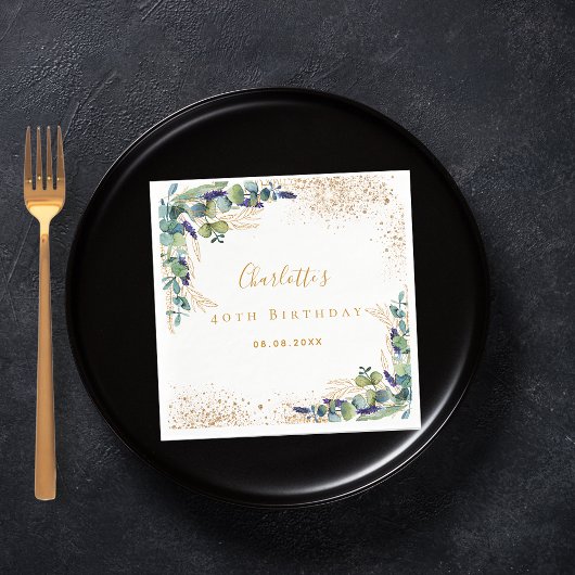 Birthday eucalyptus greenery glitter monogram servet