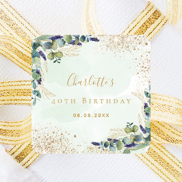 Birthday eucalyptus greenery glitter monogram vierkante sticker