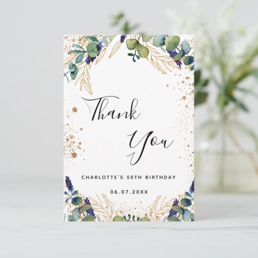 Birthday eucalyptus greenery glitter script bedankkaart (Staand voorkant)