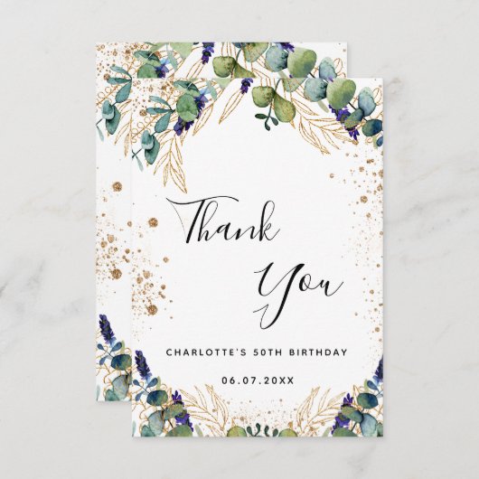 Birthday eucalyptus greenery glitter script bedankkaart (Voorkant / Achterkant)