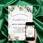 Birthday eucalyptus greenery glitter-uitnodiging kaart<br><div class="desc">Voor een 40e (of om het even welke leeftijd) verjaardagsfeestje. Een witte achtergrond met eucalyptusgroen en gouden bladeren. Gedrooid met faux golden glitter stippen. Pas uw namen en trouwgegevens aan en voeg deze toe. Zwarte en gouden gekleurde letters. Achterzijde: witte achtergrond.</div>