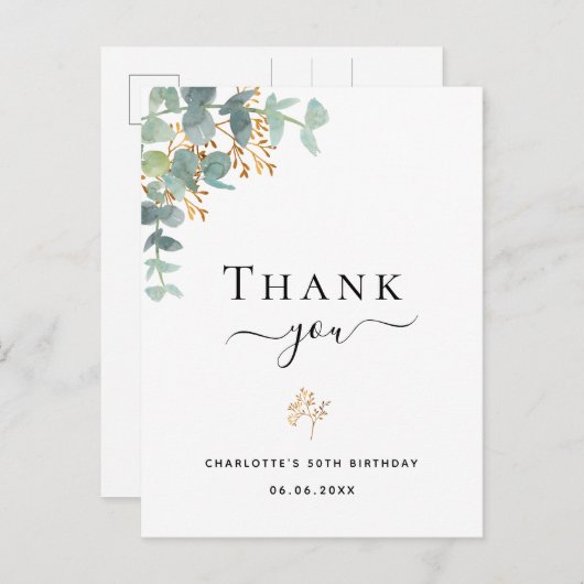 Birthday eucalyptus greenery Gold bedankt Briefkaart (Voorkant / Achterkant)