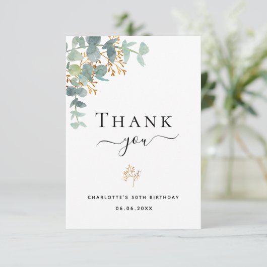 Birthday eucalyptus greenery Gold elegant script Bedankkaart (Staand voorkant)