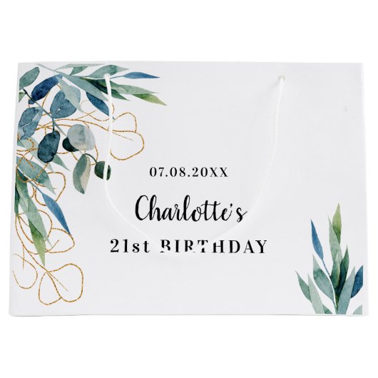 Birthday eucalyptus greenery Gold monogram Groot Cadeauzakje (Voorkant)
