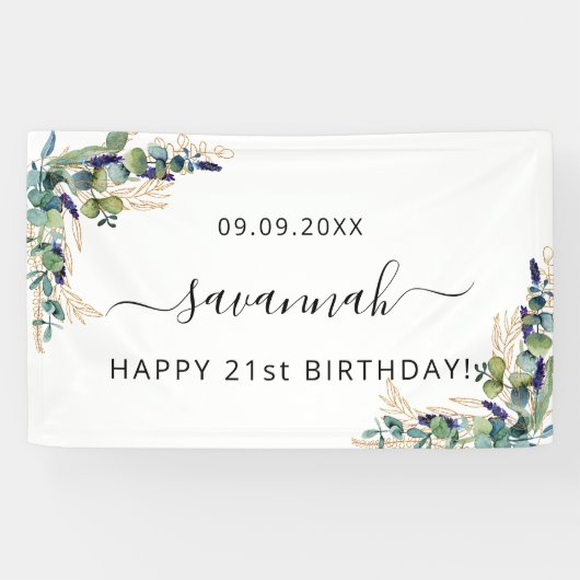 Birthday eucalyptus greenery Gold monogram Spandoek (Horizontaal)