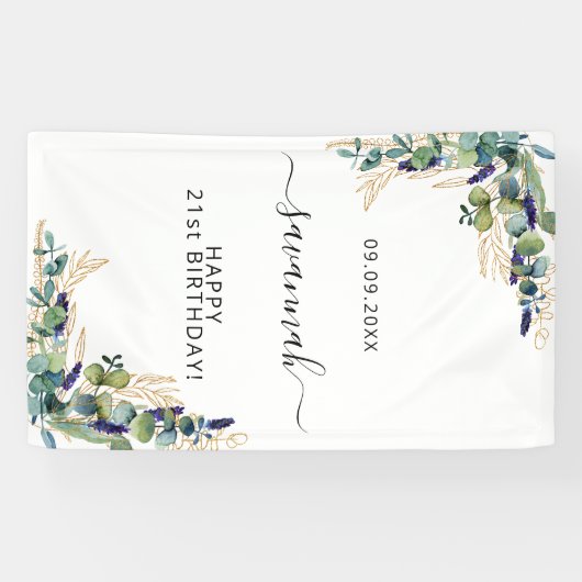 Birthday eucalyptus greenery Gold monogram Spandoek (Horizontaal)