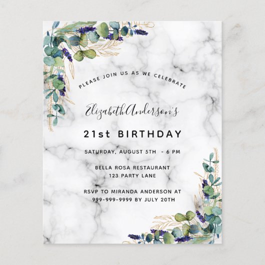 Birthday eucalyptus greenery marmer-uitnodiging flyer (Voorkant)