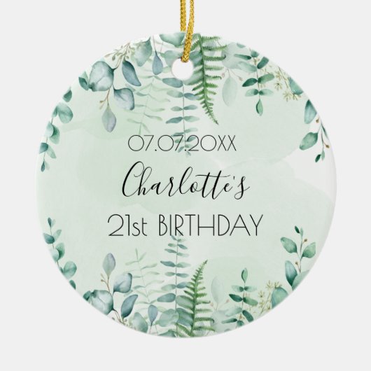 Birthday eucalyptus greenery name elegant keramisch ornament (Voorkant)