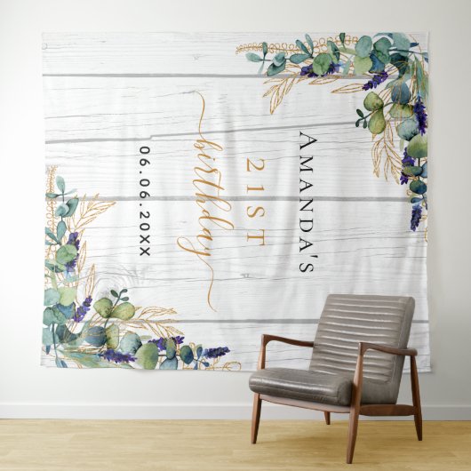 Birthday eucalyptus greenery rustige houtnaam wandkleed (In Situ (horizontaal))