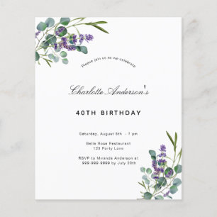 Birthday eucalyptus lavender budget uitnodiging flyer