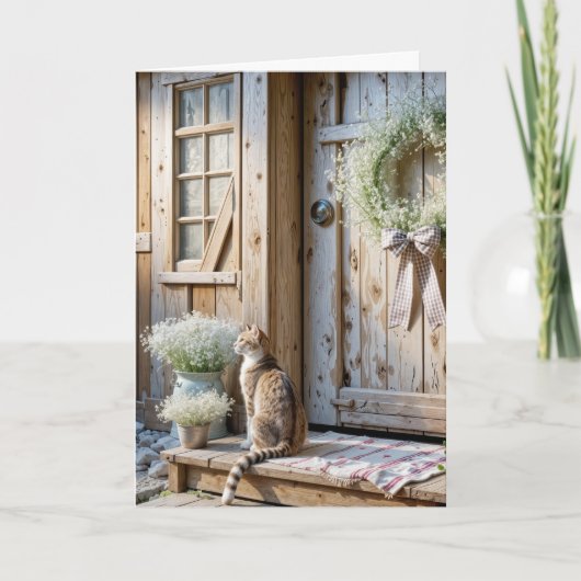 Birthday Farmhouse Cat With Baby's Breath Wreath Kaart (Voorkant)