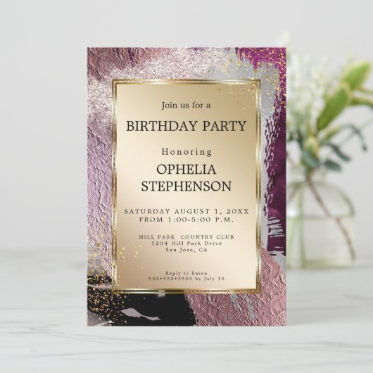 Birthday | Faux Metallic Gold Plum Merlot Strokes Kaart (Staand voorkant)