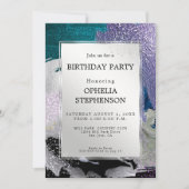 Birthday | Faux Metallic Silver Lila Aqua Kaart (Voorkant)