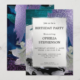 Birthday | Faux Metallic Silver Lila Aqua Kaart