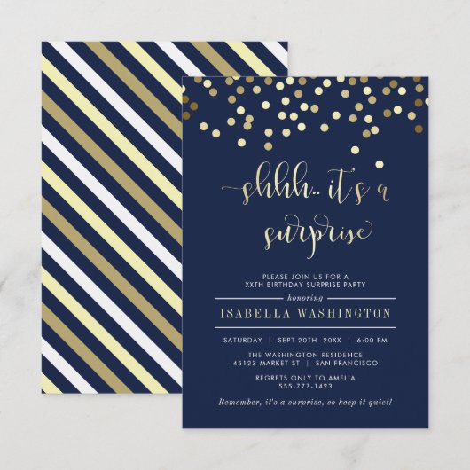 Birthday-feest bij Navy Blue en Gold Confetti Kaart (Voorkant / Achterkant)