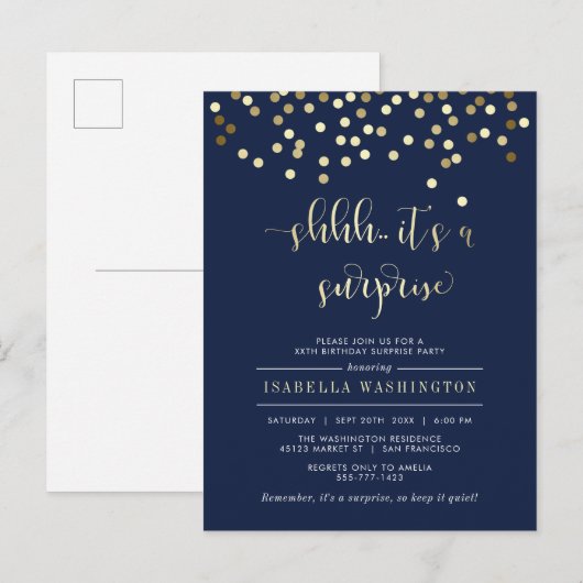 Birthday-feest bij Navy Blue en Gold Confetti Uitnodiging Briefkaart (Voorkant / Achterkant)