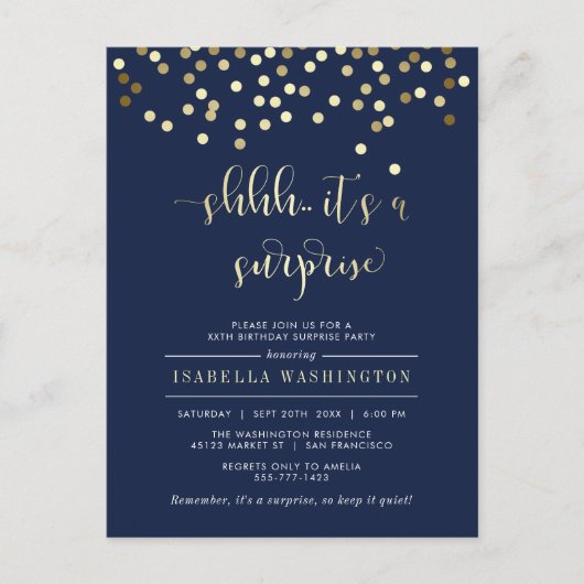 Birthday-feest bij Navy Blue en Gold Confetti Uitnodiging Briefkaart (Voorkant)