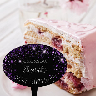 Birthday-feest zwarte paarse glitter stofnaam cake topper