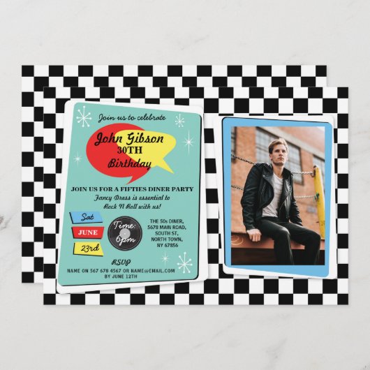 Birthday Fifties Retro Rock N Roll Invite 1950 Kaart (Voorkant / Achterkant)