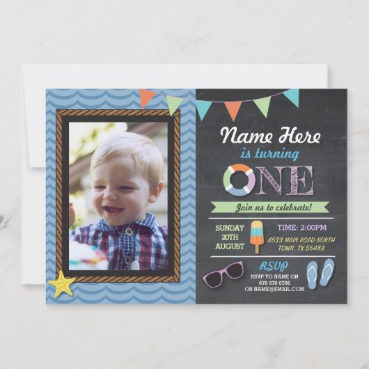 Birthday First Photo Lolly Pool Party Invite Kaart (Voorkant)