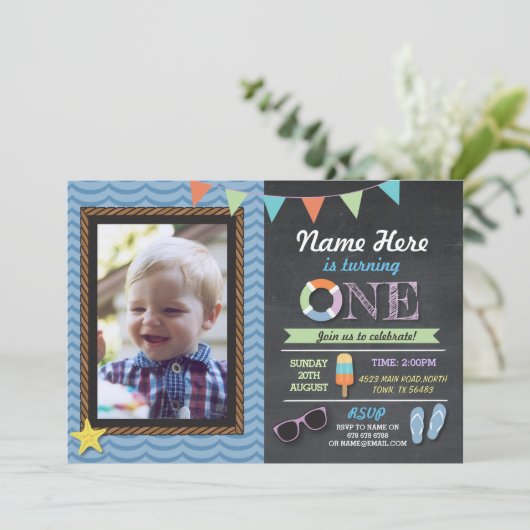 Birthday First Photo Lolly Pool Party Invite Kaart (Staand voorkant)