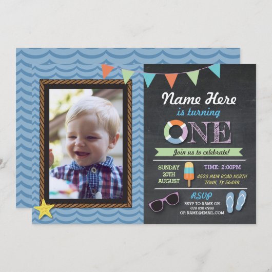 Birthday First Photo Lolly Pool Party Invite Kaart (Voorkant / Achterkant)