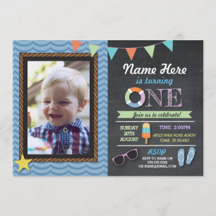 Birthday First Photo Lolly Pool Party Invite Kaart