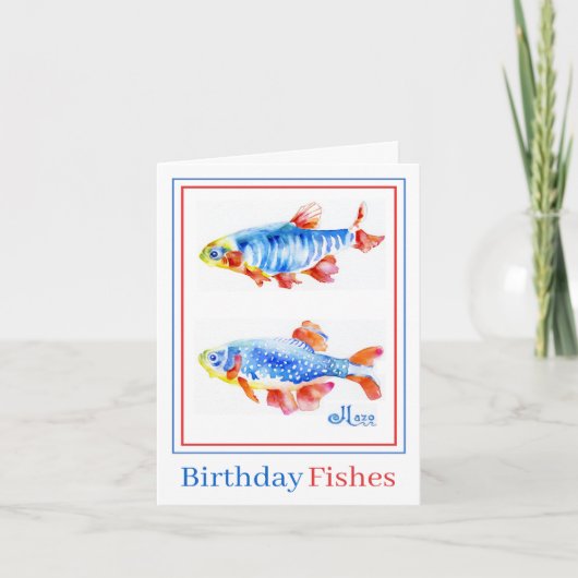 Birthday Fishes 4x5.6 Folded Kaart, waterverf Kaart (Voorkant)