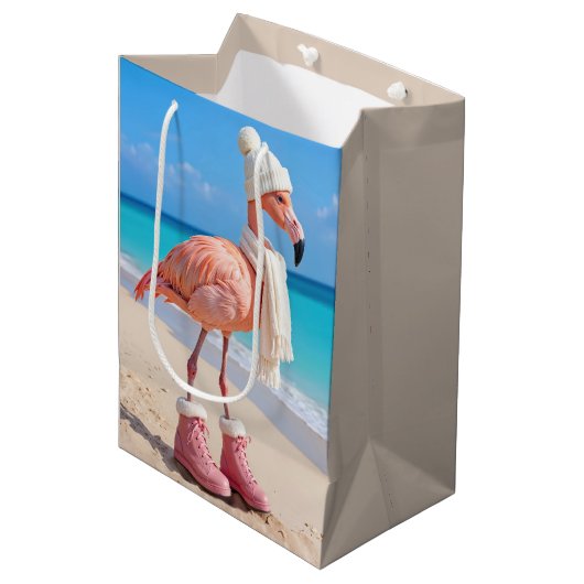 Birthday Flamingo Wearing Winter Scarf and Hat Medium Cadeauzakje (Voorkant Gekanteld)
