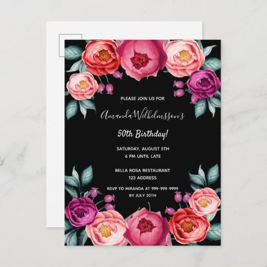 Birthday floral black roos gold blush call briefkaart (Voorkant / Achterkant)