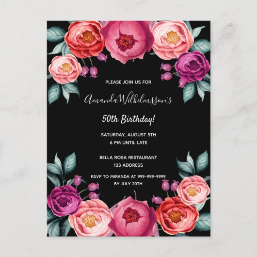 Birthday floral black roos gold blush call briefkaart (Voorkant)