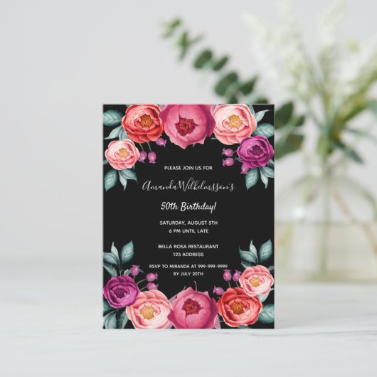 Birthday floral black roos gold blush call briefkaart (Staand voorkant)