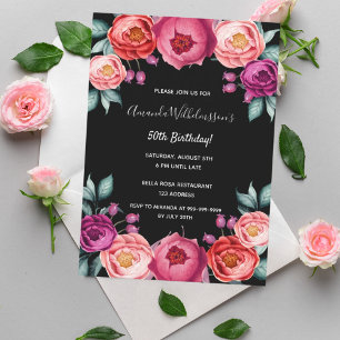 Birthday floral black roos goudkleurig roze paars kaart