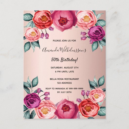 Birthday floral blush roze paarse uitnodiging (Voorkant)
