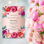 Birthday floral blush roze paarse uitnodiging<br><div class="desc">Een elegante uitnodigingskaart voor een 50e (of om het even welke leeftijd) verjaardagsfeestje. Met hedendaagse bloem, paars en roos goudkleurige bloemen, bloemen als decoratie. Een goudgradiëntachtergrond van een roos. De naam wordt geschreven met zwart hand geschreven stijlmanuscript. Tip: als je niet wilt dat het eruit ziet als een briefkaart, klik...</div>