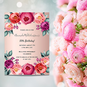 Birthday floral blush roze paarse uitnodiging