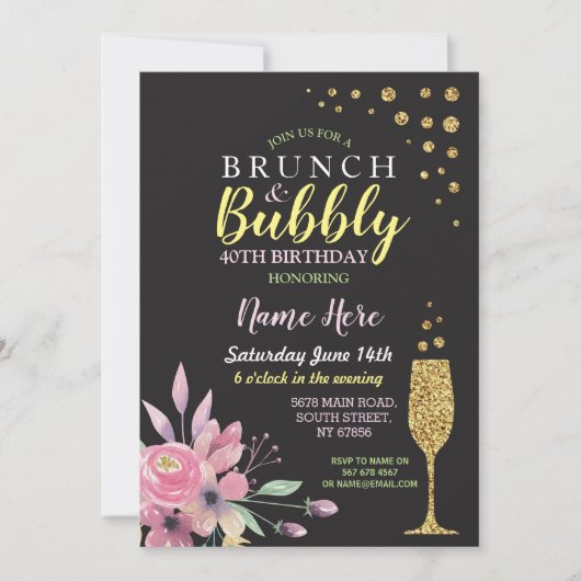 Birthday Floral Brunch & Bubble Pink Invite Kaart (Voorkant)