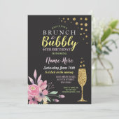 Birthday Floral Brunch & Bubble Pink Invite Kaart (Staand voorkant)