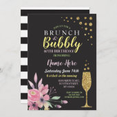 Birthday Floral Brunch & Bubble Pink Invite Kaart (Voorkant / Achterkant)