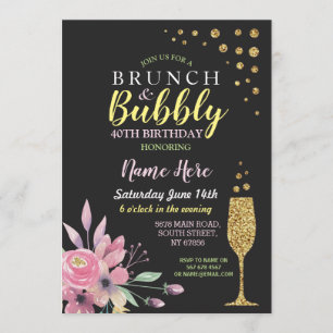 Birthday Floral Brunch & Bubble Pink Invite Kaart