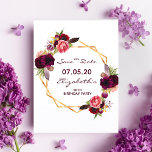 Birthday floral burgundy white Save the Date Briefkaart<br><div class="desc">A Sparen de datumkaart voor een 50e of om het even welke partij van de leeftijdsverjaardag. Vooraan: Trendy bohemian boho stijl. Verkleurd met waterkleurige rozen in de Bourgogne en roze. Elegant witte achtergrond. Een vals goud geometrisch lijst en sjablonen voor een naam, datum en leeftijd. Burgundy gekleurde letters. De naam...</div>