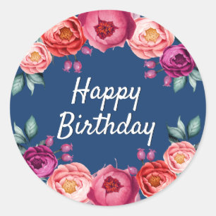 Birthday floral navy blue roos goudbruin roze ronde sticker
