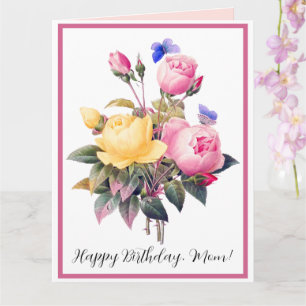 Birthday Floral Pink Yellow Roses Paarse Butterfly Kaart